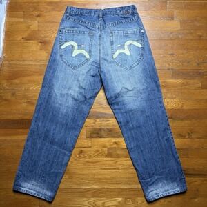 Delf Trading Jeans Men's 34x32 Y2K Wide Leg Grunge Evisu Style Denim Embroidered